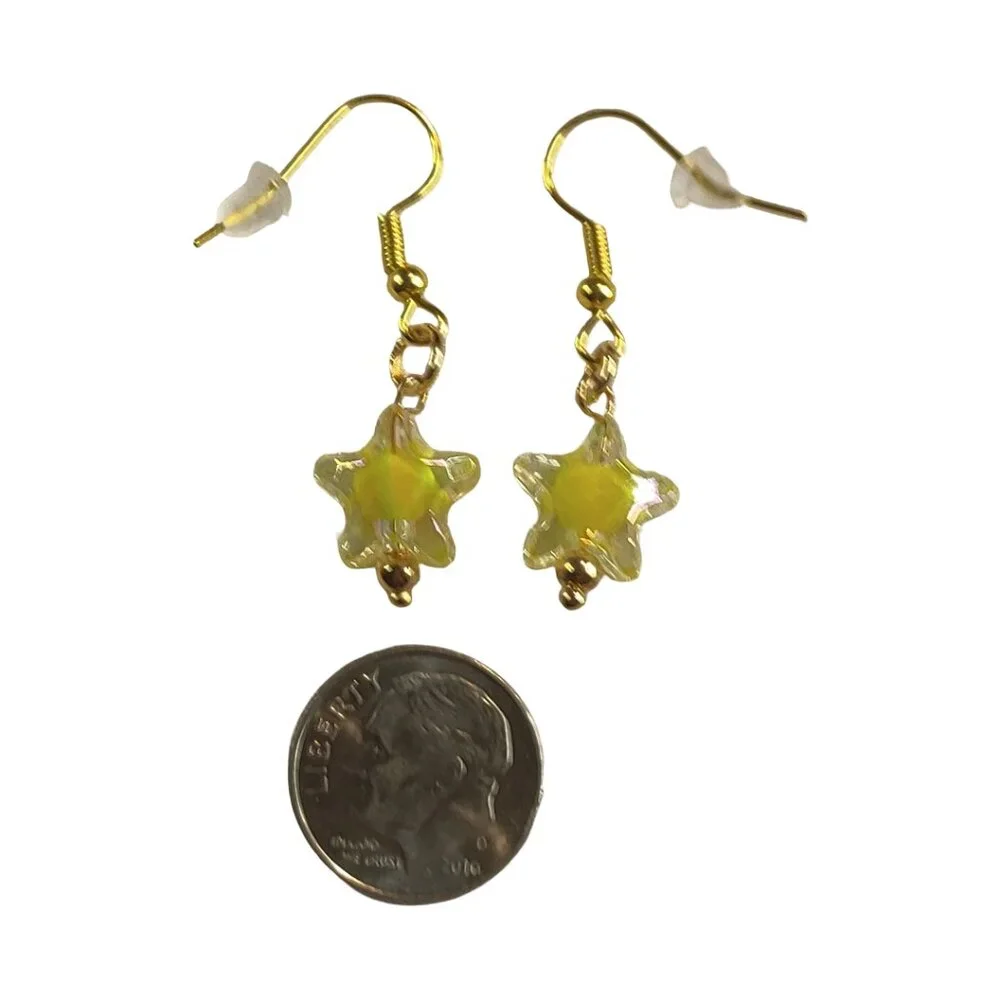 NEW Handmade/Homemade Pastel Yellow Bead in Clear Star on Gold Drop Earrings